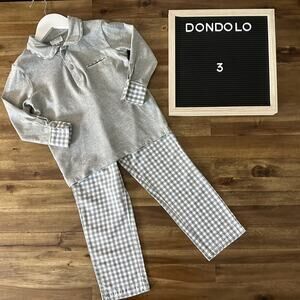 Dondolo Grey Sage Green Polo Knit Long Sleeve Shirt Check Pant Set Cotton 3